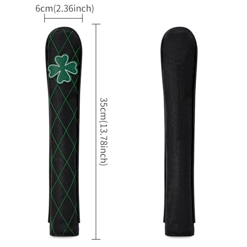 Golf Alignment Stick Cover Premium Leather Perfect Cover for Alignment Sticks Classic Tee Design Alignment Sticks Holder Golf Club Protector Holds 2 Sticks. (Grid Four-Leaf Clover-Black)
