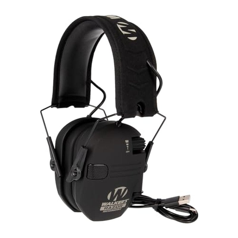 WALKER'S Razor Rechargeable Electronic Muff - HD Speakers 21dB NRR Compact Collapsible Hunting Shooting Hearing Protection Earmuffs, USB Charging Cable Included, Black