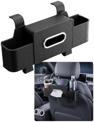 3-in-1 Back Seat Car Organizer, Waterproof Car Tissue Holder with Cup Holder & Hooks, Multifunctional Storage Box for Hold Phones Snacks Drinks Handbags (Black)