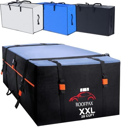 RoofPax XXL 28 cuft Car Rooftop Cargo Carrier Bag Extra Waterproof Car Roof Storage with 10 Heavy Duty Tie Down Straps and 4 Hooks Roof Bag Cargo Carrier for Top of Vehicle with/Without Rack