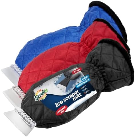 SCRUBIT [3 Pack Ice Scraper with Glove - Car Windshield Scraper for Ice and Snow w/Fleece Mitt - Scrape and Remove Snow While Staying Warm - Waterproof Car Scraper Snow Brush (Black, Blue, Red)