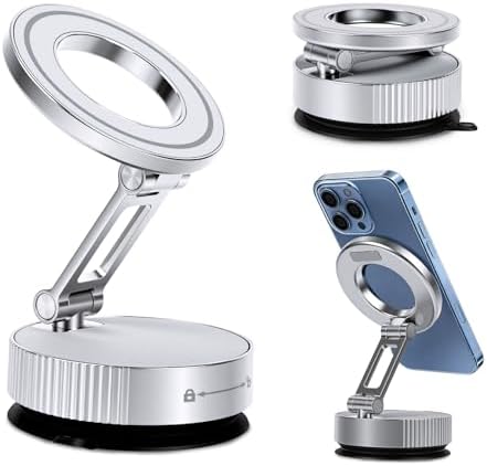 LifetimeWarranty Durability Magnetic Car Phone Holder, 360°Adjustable Car Mount w/ Vacuum Suction, Pocket Size Strong Magnetic Phone Mount for Dashboard&Windshield, Compatible with iPhone 17-12,Silver
