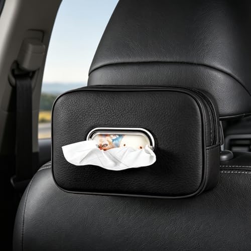 Car Tissue Holder, Car Napkin Holder, PU Leather Backseat Tissue Box Cover Fits for 120 Standard Kleenex Box, Large Rectangle Napkin Organizer for Auto Back Seat Headrest Sun Visor (Black)