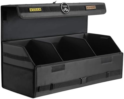 Fyzeoty Car Trunk Organizer for SUV and Sedan, Tactical‑Black, 29.5 in | Tactical & Aerospace Oxford, Extra‑Large, Hinged Lid, Collapsible & Adjustable, Water‑Resist & Dust‑Proof