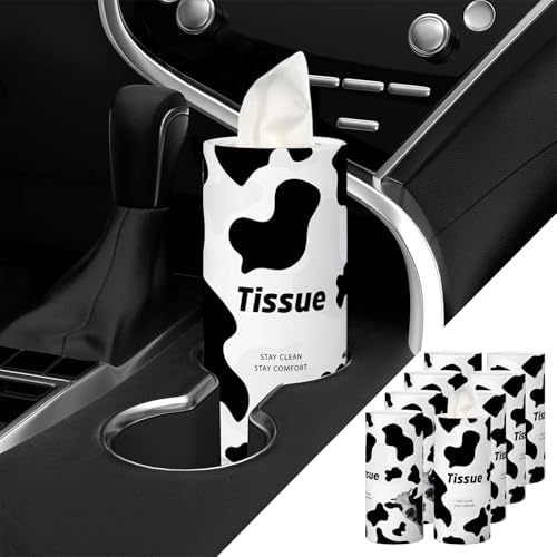 8 Pack Cow Car Tissue Holder, Portable Travel Tissues Cylinder Box Container with 3-Ply 400 Sheets Facial Tissues for Car Cup Holders, Refillable Convenient Automotive Interior Accessories