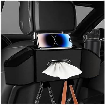 Car Backseat Organizer, 7-In-1 Multifunctional Car Headrest Storage Box with Hook Phone Holder & Cup Holder, Vehicle Hanging Seat Back Organizer for Hold Phone Snacks Drinks (Black)