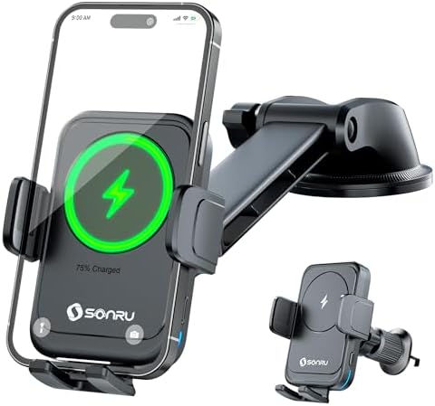 SONRU Car Phone Holder Wireless Charger, Qi 15W Wireless Car Charger Fast Charging Auto Clamping Car Charger Mount Suction Holder Dashboard Air Vent for iPhone 16/15/14/13/12/11, Samsung S25/24