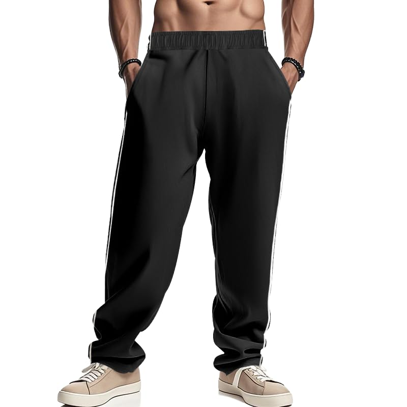Quskc Men's Baggy Sweatpants Straight Leg Open Bottom Joggers Casual Lightweight Athletic Pants with Pockets Black