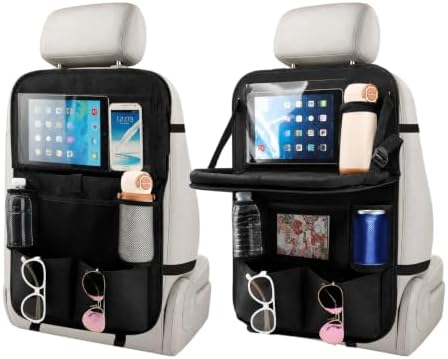 Car Backseat Organizer with Foldable Tray Table (2 Pack), Back Seat Organizer for Kids, Multi-Pocket Kick Mat Protector for Kids Travel Road Trip