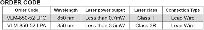 IR Dot Laser Module VLM-850-52 LPO, Operating Voltage 3~6 VDC, Class 1 eye-safe