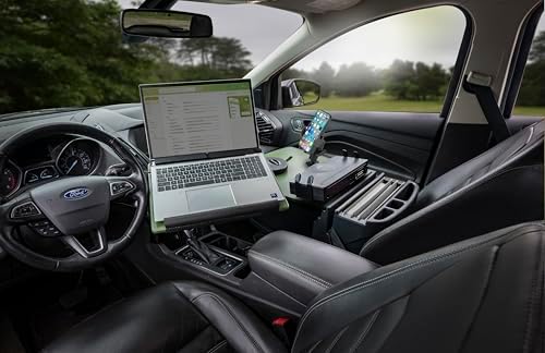 AutoExec Reach Car Desk for Your Vehicle Workstation and Mobile Office, Front Seat Army Green with 400 watt Power Inverter, Printer Stand and Phone Mount