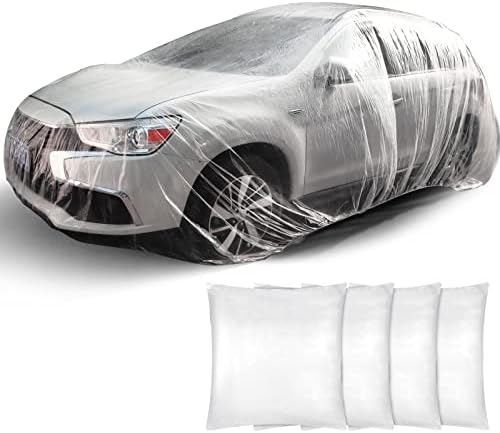 Tallew 4 Pcs Universal Plastic Car Cover 12. 5 x 21. 7ft Disposable Waterproof Full Exterior Cover with Elastic Band for Automobiles Sedan Outdoor Snow Rain Weather