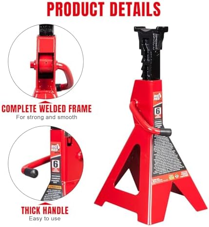 Big RED AT46002R Torin Steel Jack Stands: 6 Ton (12,000 lb) Capacity, Red, 1 Pair