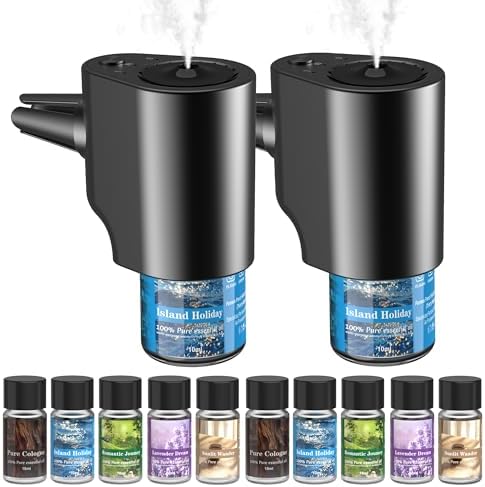 Car Air Freshener, 5 Scents, 10 Refills, Smart car Air Freshener for Vent Clips, Auto On/Off, Three Spray Modes, Car Fresheners Long Lasting (2Pack)