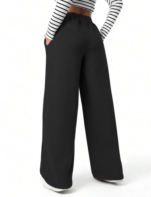 FACDIBY Fleece Lined Sweatpants for Women Wide Leg High Waisted Sweat Pants Baggy Drawstring Sherpa Straight Leg Lounge Pants Black M