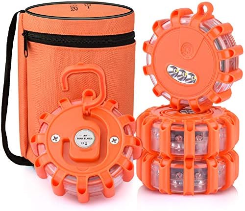 AK [4 Pack LED Road Flares Safety Flashing Warning Light Roadside Emergency Disc Beacon Kit for Vehicles Boats with Magnetic Base & Hook, Premium Storage Bag (Batteries Not Included) (4)