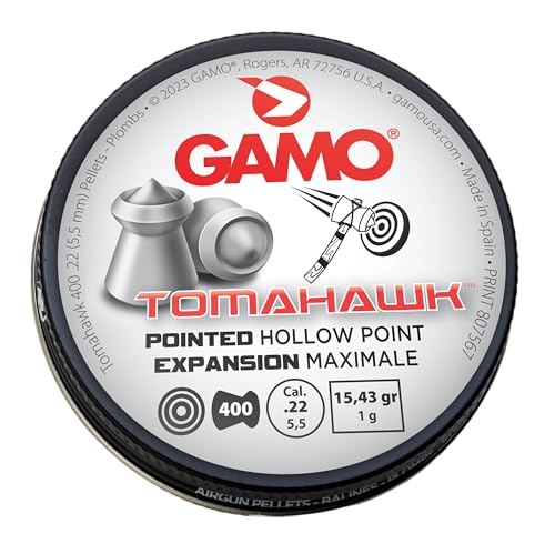 Gamo, Tomahawk Pointed Hollow Point .22 Cal. Pellet Air Rifle Ammunition, .22 Cal Hollow-Point Pellet Ammunition for Air Guns, 400 Pellet Tin, Maxmium Expansion