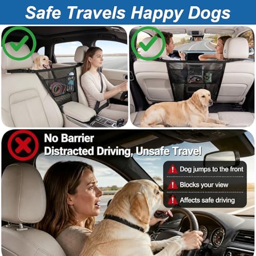 Dog Car Barrier for Backseat Safety, Dog Gate for Car with Mesh Storage Pocket, Pet Net Divider for Car SUV Truck, Car Divider for Dogs, Durable Scratch-Resistant Net, Universal Fit Easy Install