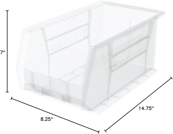 Akro-Mils 30240 AkroBins Plastic Storage Bins, Space-Saving Stackable Bins for Garage, Pantry, Craft Organization, 15-Inch x 8-Inch x 7-Inch, Clear, 12-Pack