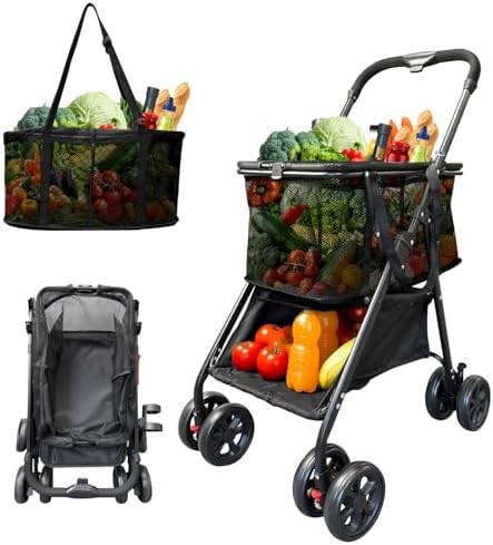 Folding Shopping Cart with Wheels, 80lbs Capacity Shopping Carts for Groceries, Detachable Baskets & 360°Swivel Wheels Collapsible Shopping Carts with Double Basket for Laundry, Camping, Transport