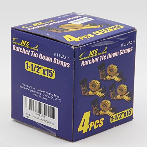HFS(R) 4PC 1-1/2" x 15 ft Heavy Duty Ratchet Cargo Tie Down Straps 3000lbs Dual J-Hooks (Yellow)