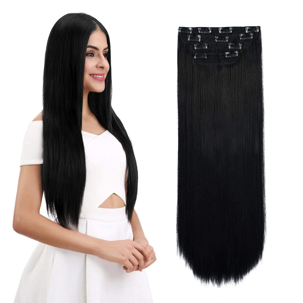 Reecho 18'' Straight Long 4 Pcs Set Thick Clip In On Hair Extensions Natural Black