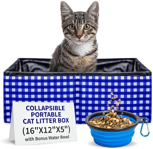 Pet Fit For Life - Vibrant Collapsible Travel Cat Litter Box - Portable, Foldable, Compact Design with Bonus Water Bowl - Ideal for Car & Camping - Reusable, Cats Safe - Blue, (16"x12"x5")