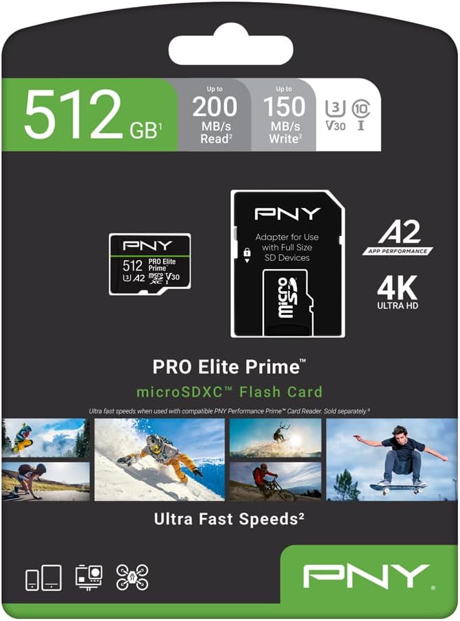 PNY 512GB PRO Elite Prime™ C10 U3 V30 A2 microSDXC Flash Memory Card –