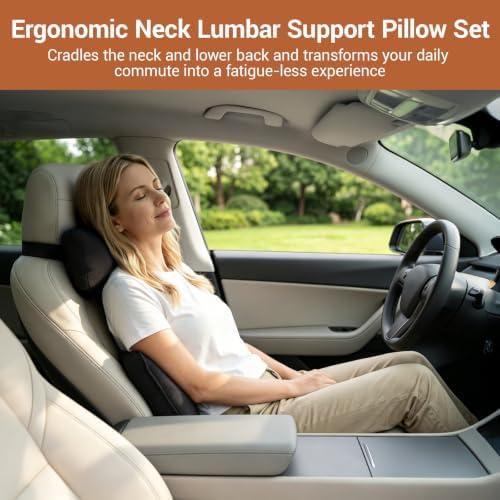 2 PCS Car Pillow Set, Soft Suede Car Neck Support Pillow and Back Cushion, Soft Ergonomic Headrest Lumbar Cushion with 2-Way Straps for Pressure Comfort, Driving Seat, Office