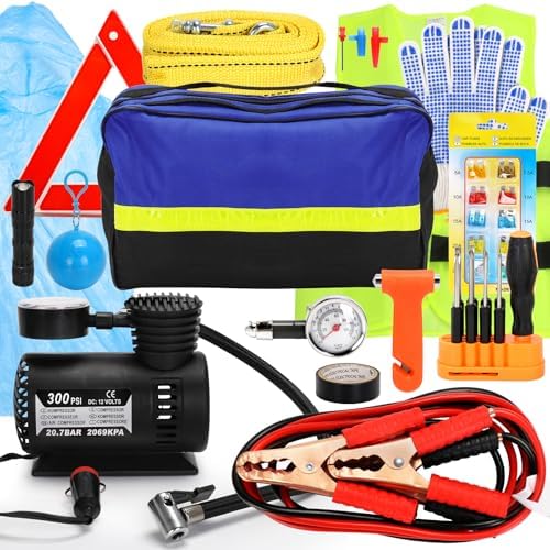Car Safety Kit,14-Piece Roadside Emergency Car Kit,Vehicle Emergency Kit with Jumper Cables,Car Emergency Kit with Portable Air Compressor Tow Trap for Travel Camping,Car Kit Essentials