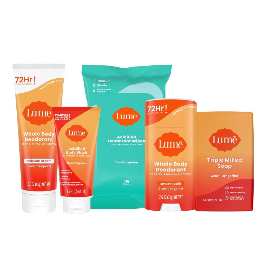 Lume Whole Body Deodorant Starter Pack - Smooth Solid Stick, Invisible Cream Tube, Acidified Body Wash Mini & Deodorant Wipes -