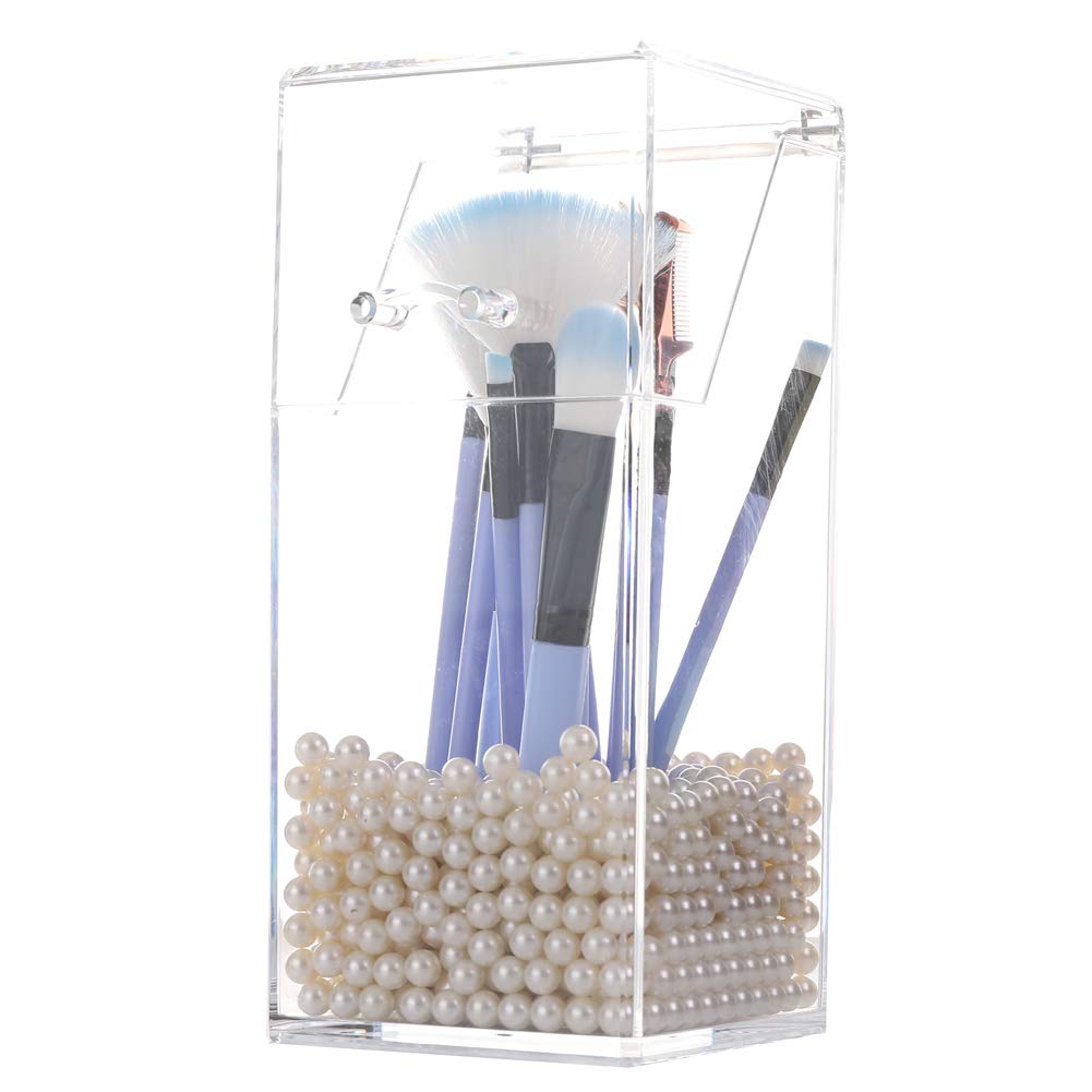 Sooyee Makeup Brush Holder,Makeup Brush Organizer With 8Mm White Pearls,Dustproof Makeup Brush Holder With Lid