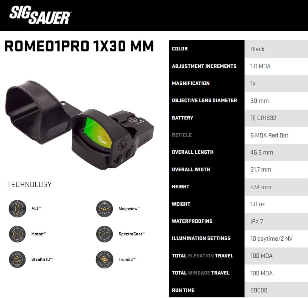 Sig Sauer ROMEO1PRO Red Dot Sight - 1x30mm 6 MOA | Compact, Durable, Waterproof Design with Protective Shroud