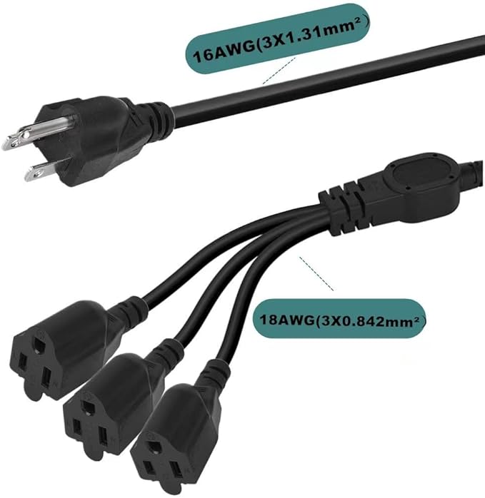 3.3FT 3 Prong 1 to 3 Extension Cord Splitter, Indoor Outdoor Power Cable 3-Outlet Power Cord Splitter Cords, SJT 16AWG 10A/1250W for Halloween Lights, Christmas Decorations, Computer, Scanner (Black)
