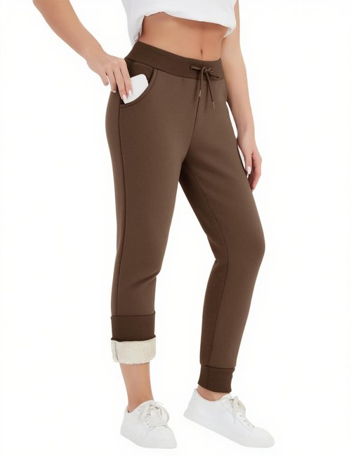 Flygo Women's Sherpa Fleece Lined Joggers Sweatpants Winter Warm Pants with Pockets(Brown-M)