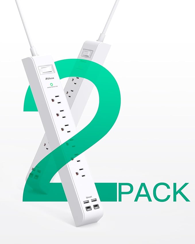 2 Pack Power Strip, 15FT Long Extension Cord, Surge Protector with 6 Outlets and 4 USB Charging Ports(2 USB C), Flat Plug Overload Protection, Wall Mount for Home Office Dorm College