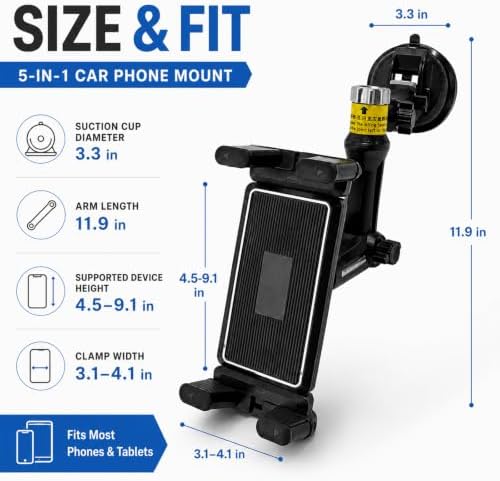 5 in 1 Car Phone Holder, Auto Windshield Dashboard Smartphone Mount