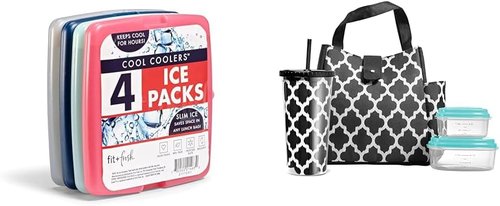 Fit & Fresh Westport Insulated Adult Lunch Bag - Black & White Ikat Tile | Complete Lunch Kit with Tumbler & 2 Containers