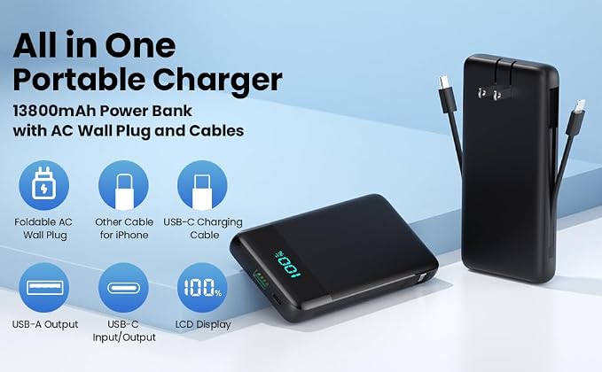 Portable Charger for iPhone with Built-in Cables and Wall Plug,Upgraded 13800mAh Fast Charging USB C Power Bank,4 Outputs Slim Travel Essential Battery Pack for iPhone 17/16/15/14/13,Galaxy,Android