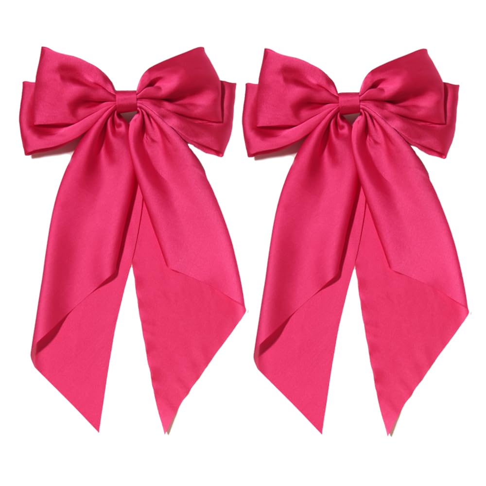 Satin Big Hair Bows Clips For Women Large Bows With Long-Tails Hot Pink Hair Clips For Bows Girls Hair Accessories Wedding Prom