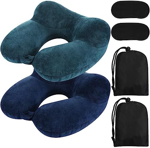 Sintuff 2 Pack Inflatable Travel Pillow for Airplanes Inflatable Neck Flight Pillows with Compact Bag and Blindfold for Traveling, Airplane, Train, Car, Office(Peacock Green and Blue)