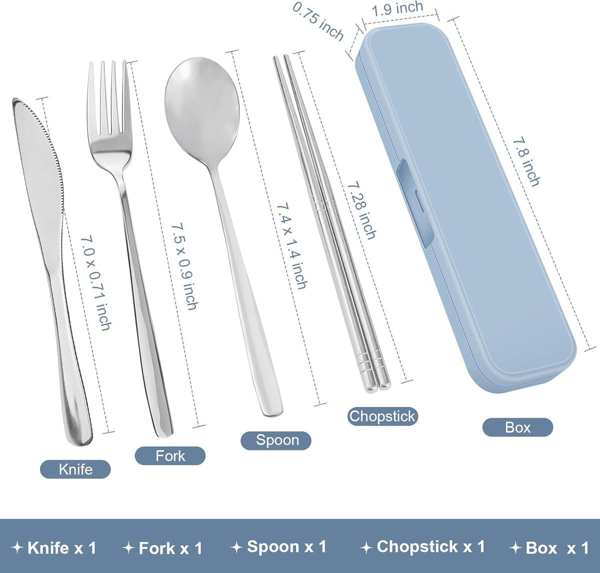 Rsiynax Portable Travel Utensils Set - Premium 304 Stainless Steel | 5-Piece Reusable Silverware in Silver