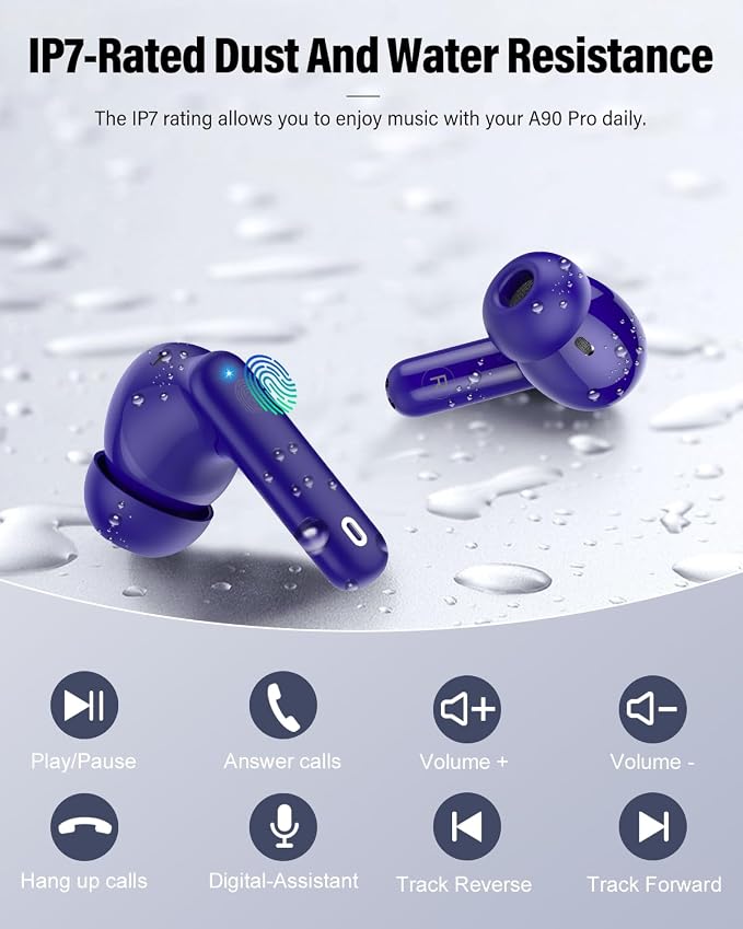 Wireless Earbuds, Bluetooth 5.4 Headphones Bass Stereo/Clear Call,Dark Blue | Ear Buds with Noise Cancelling Mic LED Display in Ear Earphones IP7 Waterproof 36H Bluetooth Earbuds for Phones/Sport/Laptop