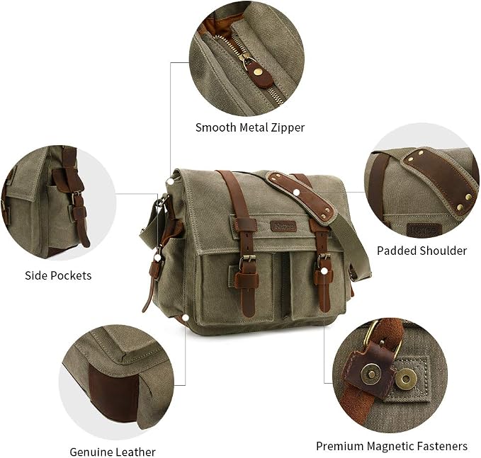 Kattee Leather Canvas Camera Bag Vintage DSLR SLR Messenger Shoulder Bag