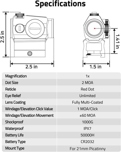 CVLIFE Red Dot Sight - Motion Awake 2 MOA Optics | IPX7 Waterproof, 50,000H Battery Life, 1x20mm Scope