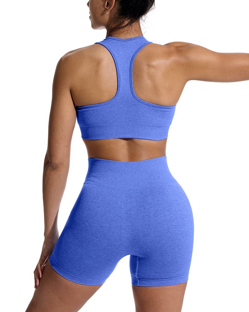OYS Workout Sets for Women 2 Piece Outfits Seamless High Waisted Yoga Shorts Running Sports Bra Clothes Blue