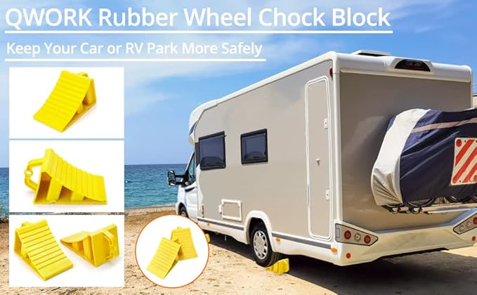 QWORK RV Wheel Chocks, 4 Pack Heavy Duty Car RV Tire Chocks Camper Chocks with Handle and Rope, Car Truck Stopper for Travel Trailers, Camper, Cars, Truck, Yellow