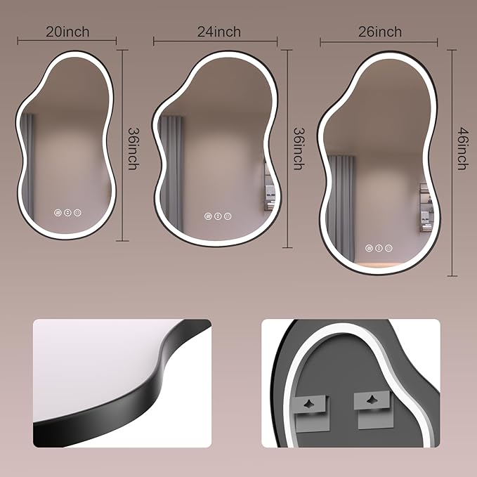 WTTY LED Irregular Bathroom Mirror 20x36 Inch with Front & Back Lights - Asymmetrical Design, Anti-Fog, Dimmable 3 Color Temperatures, Shatterproof Glass, Horizontal or Vertical Mount (Black Frame)