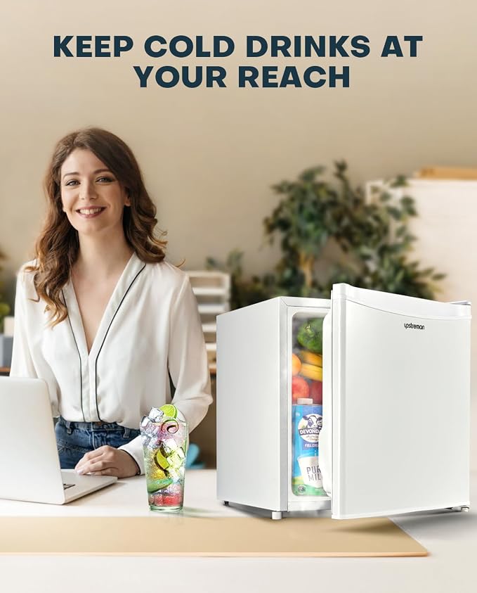 Upstreman 1.7 Cu.ft Mini Fridge with Freezer, White-FR17 | Dorm Essentials, Adjustable Thermostat, Energy Saving, Low Noise, Compact Refrigerator for Dorm, Office, Bedroom