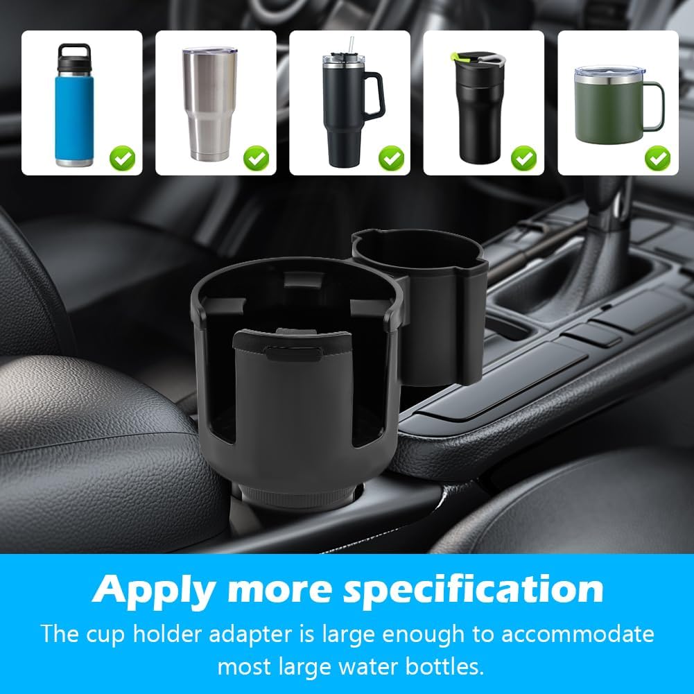 Car Cup Holder Expander, 2-in-1 Cup Holder Adapter with Expandable Base, Fits Large Water Bottles & Mugs in 2.2"-4.2" (10-48oz), 4 Car Seat Headrest Hooks Included